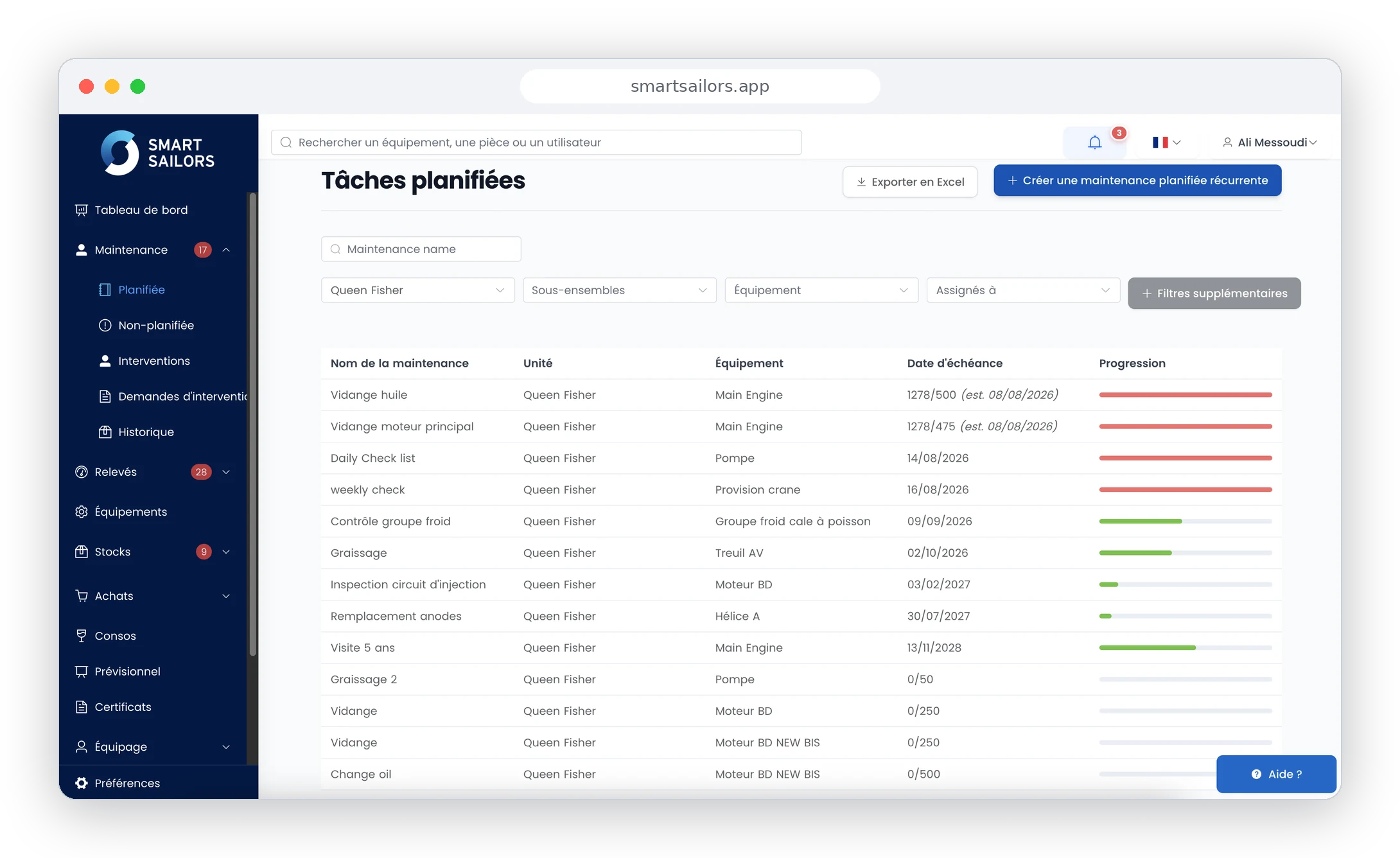 Interface Smart Sailors : tâches de maintenance planifies avec chances par heures moteur et barres de progression
