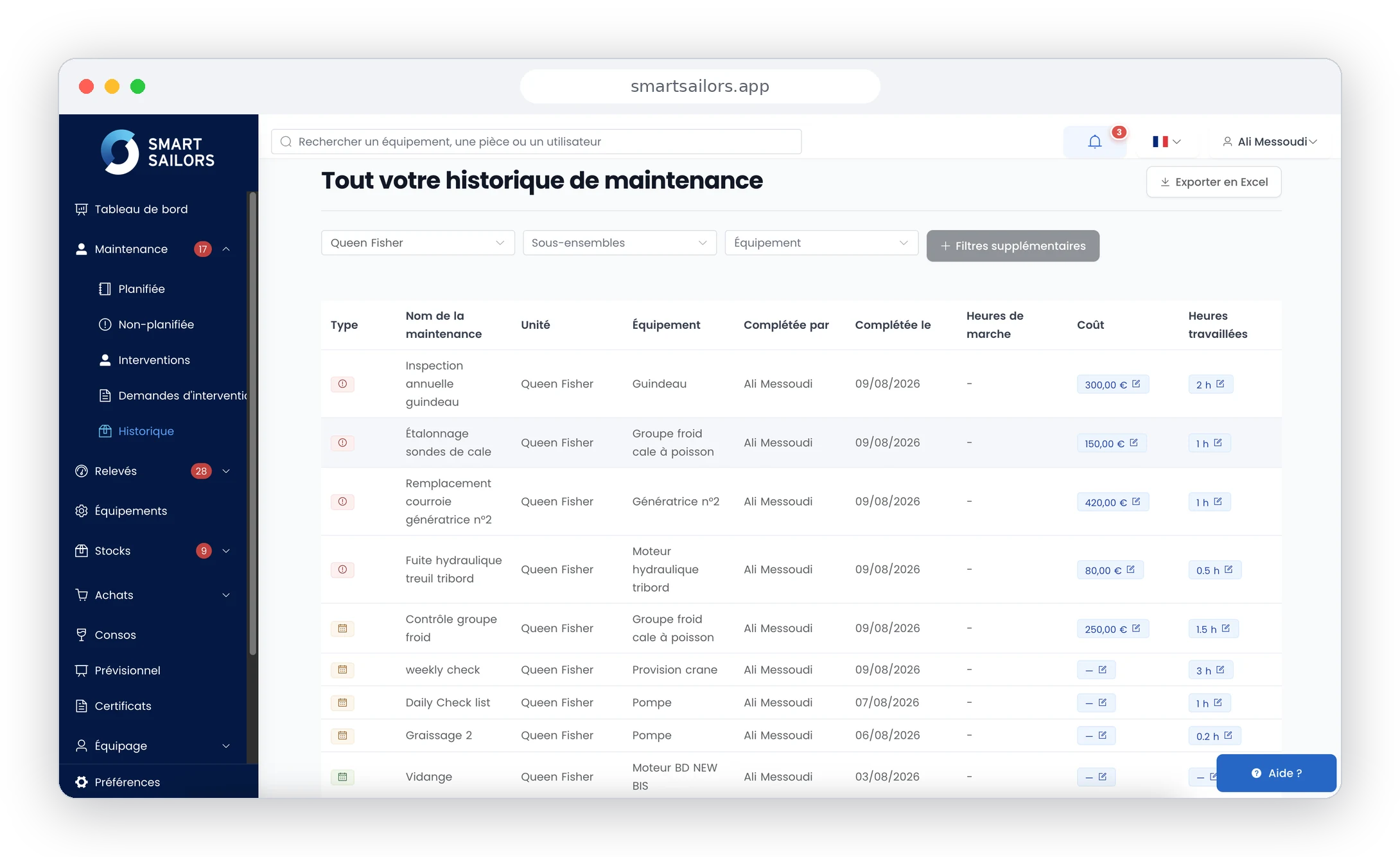 Historique de maintenance Smart Sailors : interventions complétées avec coûts et heures travaillées, prêt pour l'audit ISM