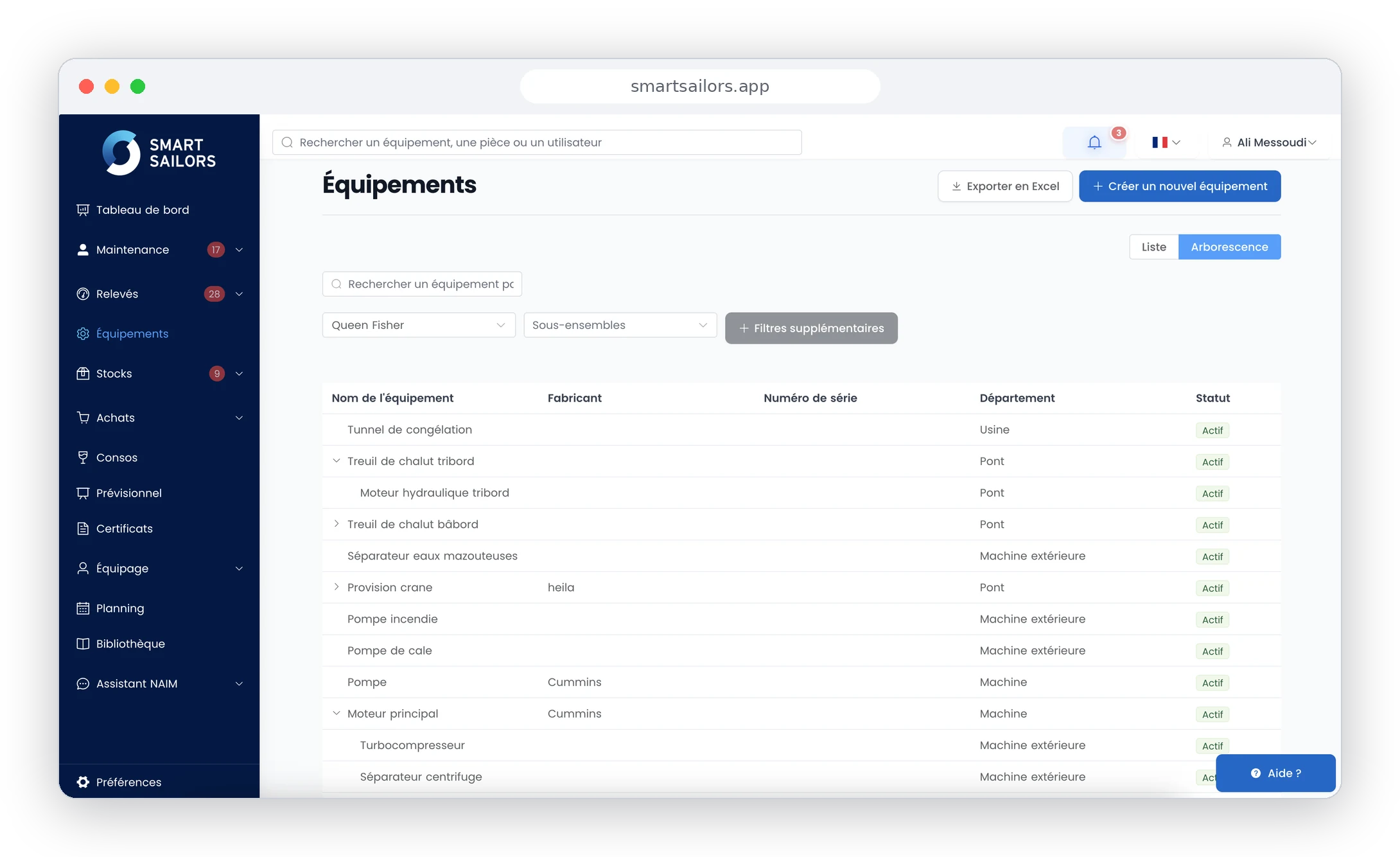 Interface Smart Sailors : arborescence des quipements du navire, du treuil de chalut au moteur principal Cummins
