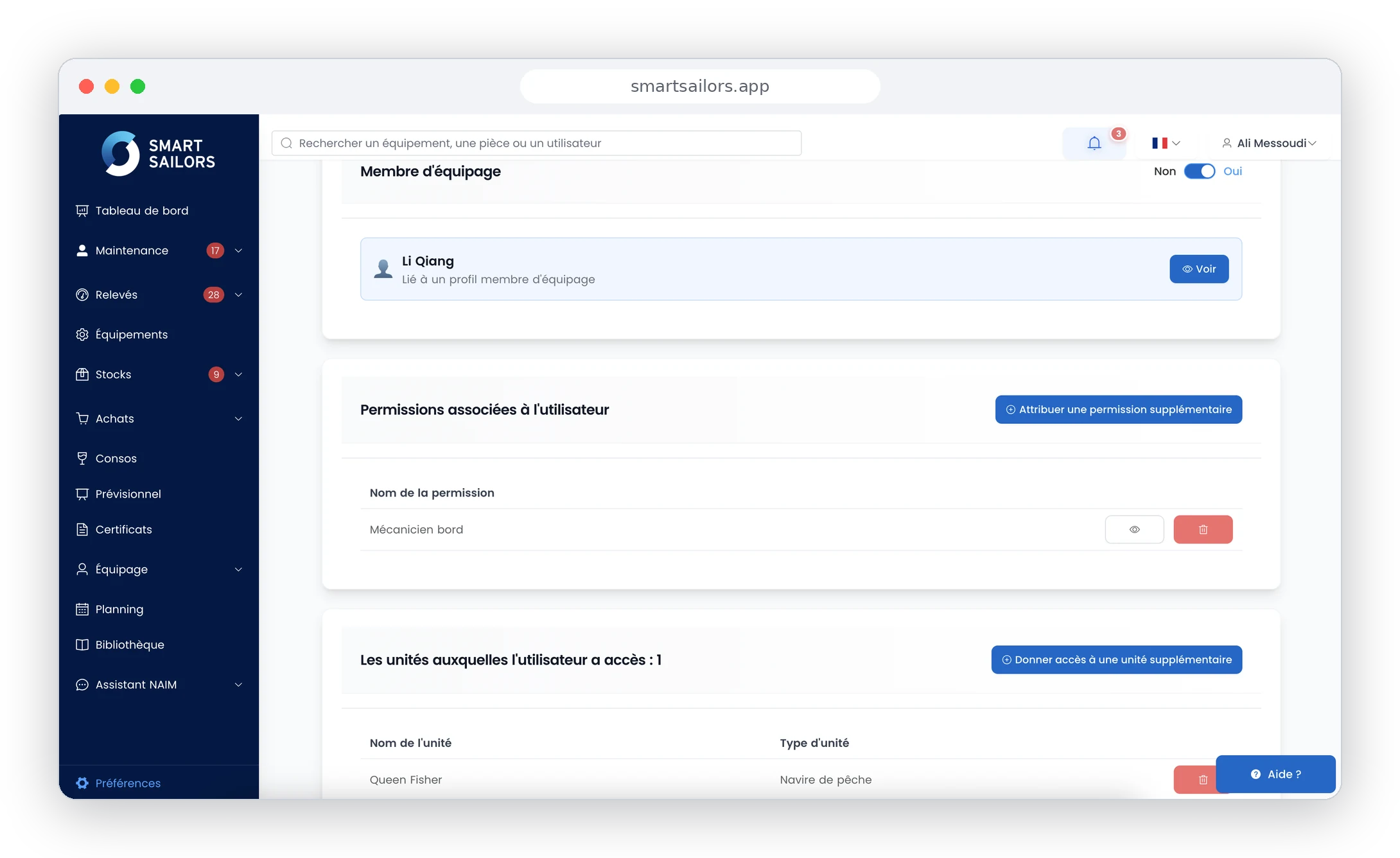 Interface Smart Sailors : gestion des rôles, permissions et accès aux navires pour chaque membre d'quipe