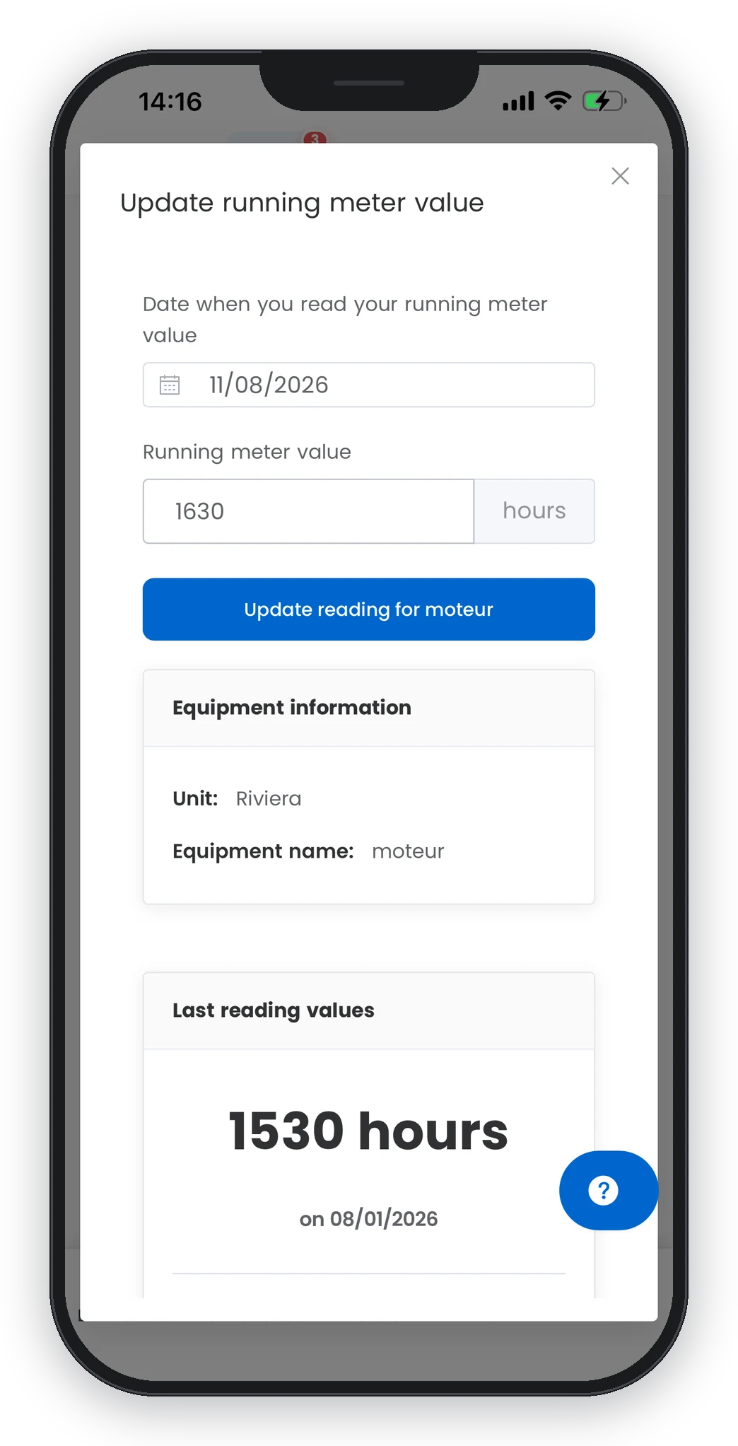 Application mobile Smart Sailors : saisie d'un relevé d'horocompteur sur smartphone