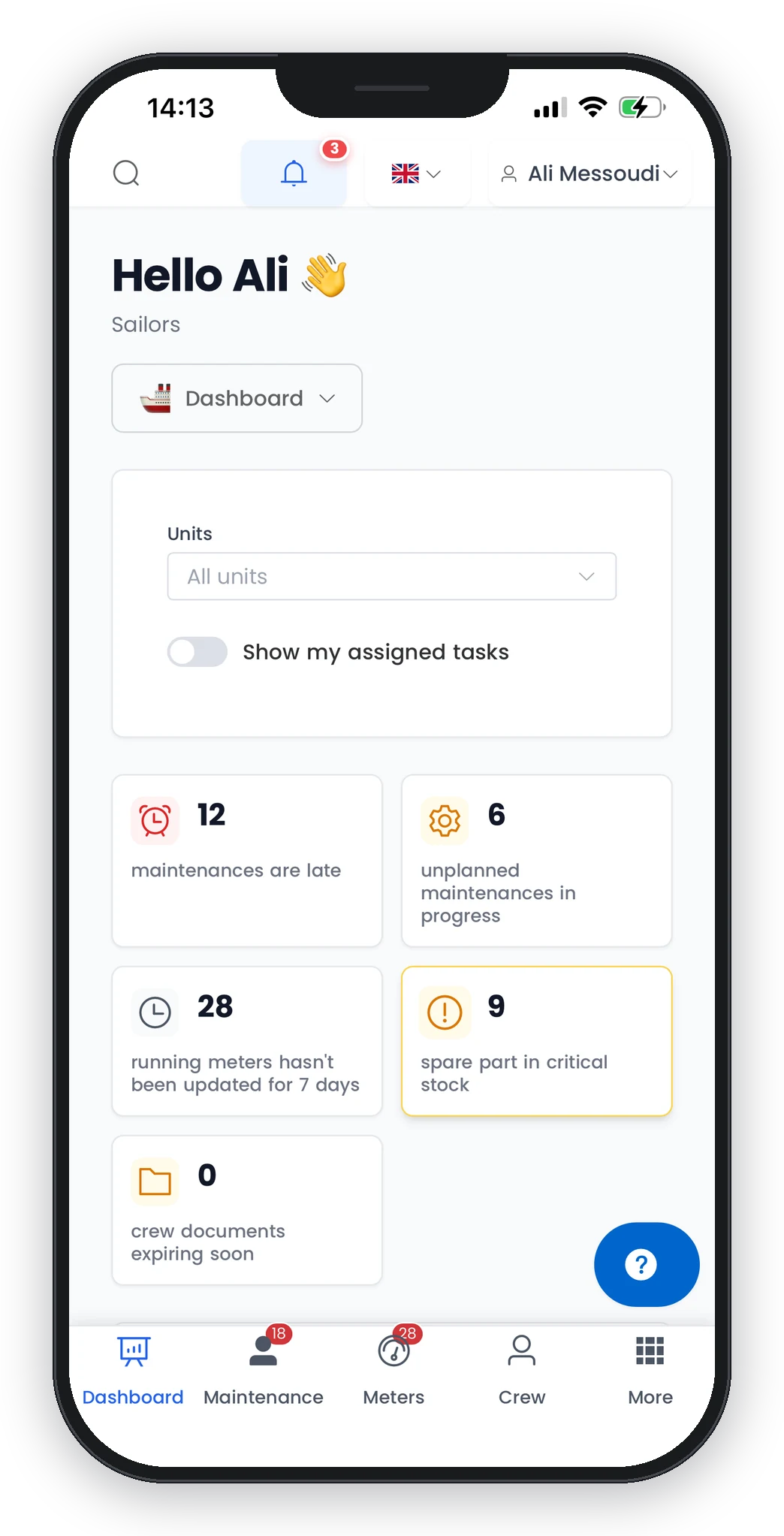 Application mobile Smart Sailors : tableau de bord de la flotte sur smartphone avec indicateurs de maintenance