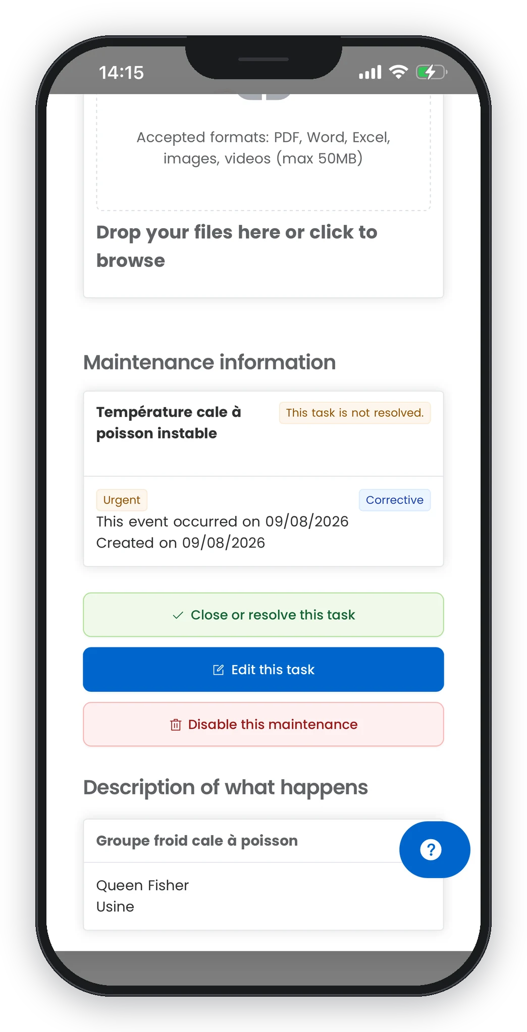 Application mobile Smart Sailors : dtail d'une tâche corrective urgente avec pièces jointes et clôture