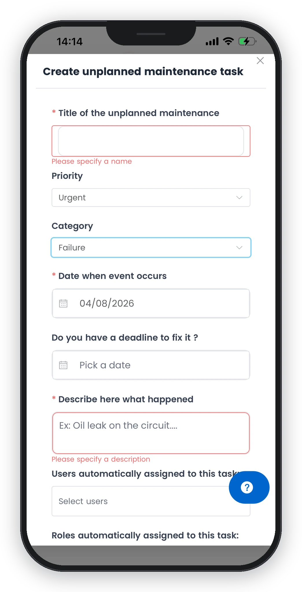Application mobile Smart Sailors : dclaration d'une maintenance non-planifie depuis le bord