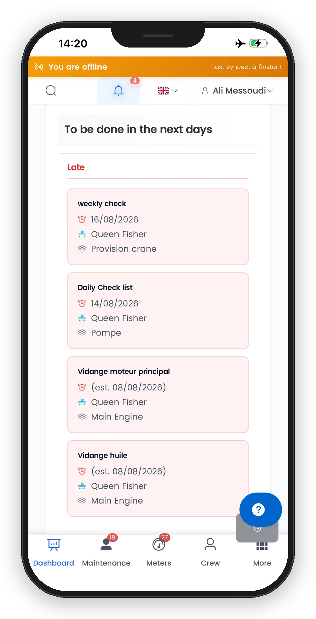 Application mobile Smart Sailors en mode hors-ligne : consultation des tâches sans connexion, dernière synchronisation affiche