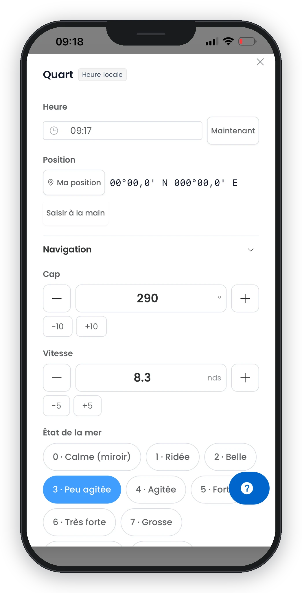 Journal de bord numérique Smart Sailors sur smartphone : saisie d'un quart avec heure, position, cap, vitesse et état de la mer