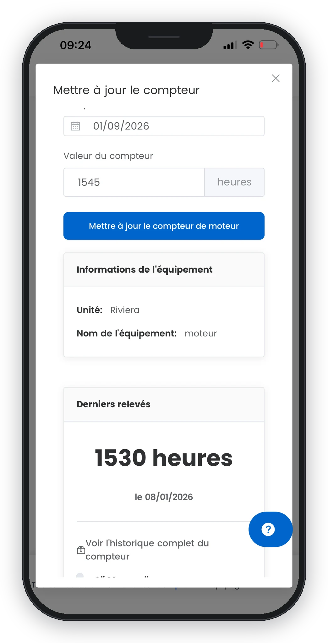 Application mobile Smart Sailors : saisie d'un relevé d'horocompteur sur smartphone
