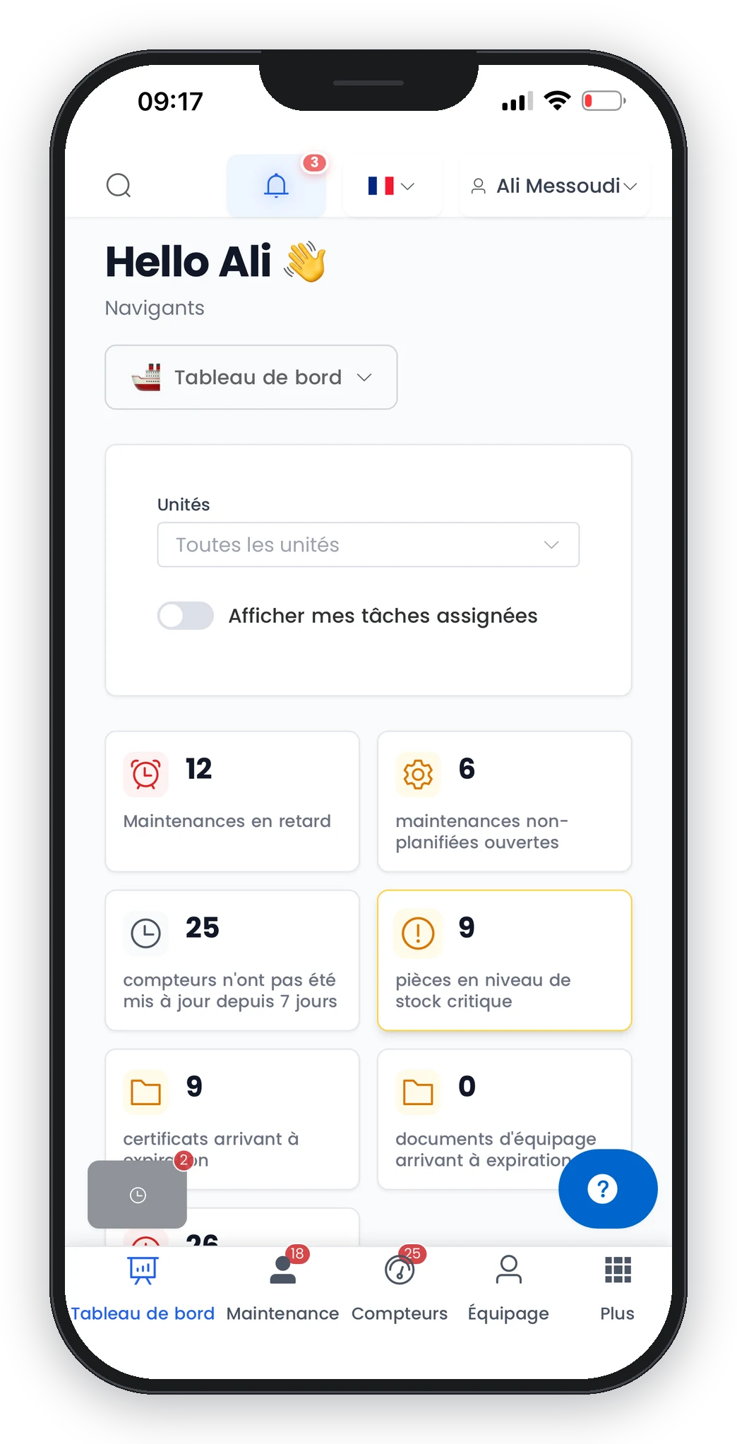 Application mobile Smart Sailors : tableau de bord de la flotte sur smartphone avec indicateurs de maintenance