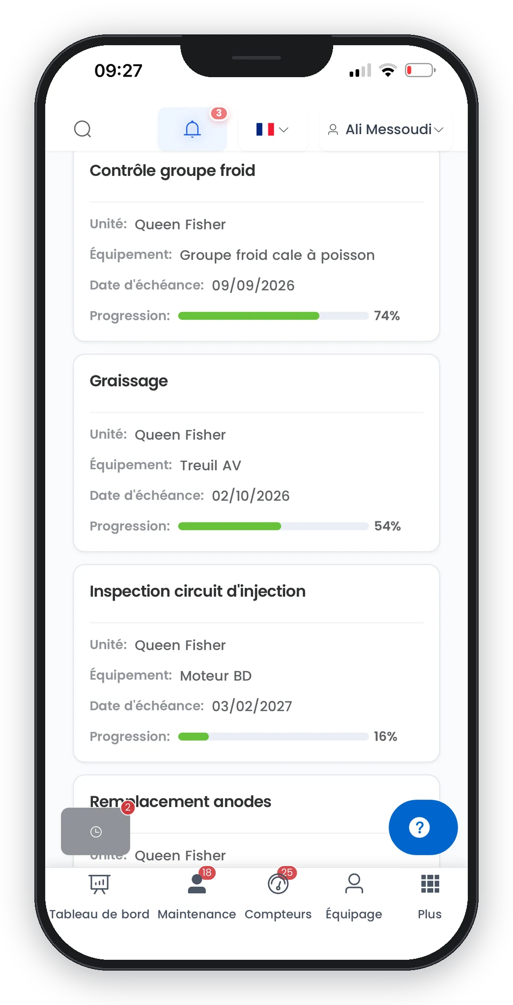 Application mobile Smart Sailors : tâches de maintenance planifiées avec échéances et barres de progression