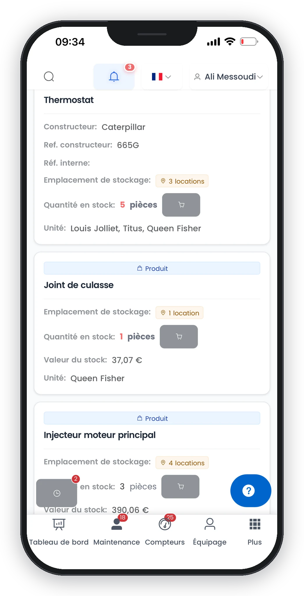 Application mobile Smart Sailors : pièces de stock avec quantités, emplacements et valeur, par navire