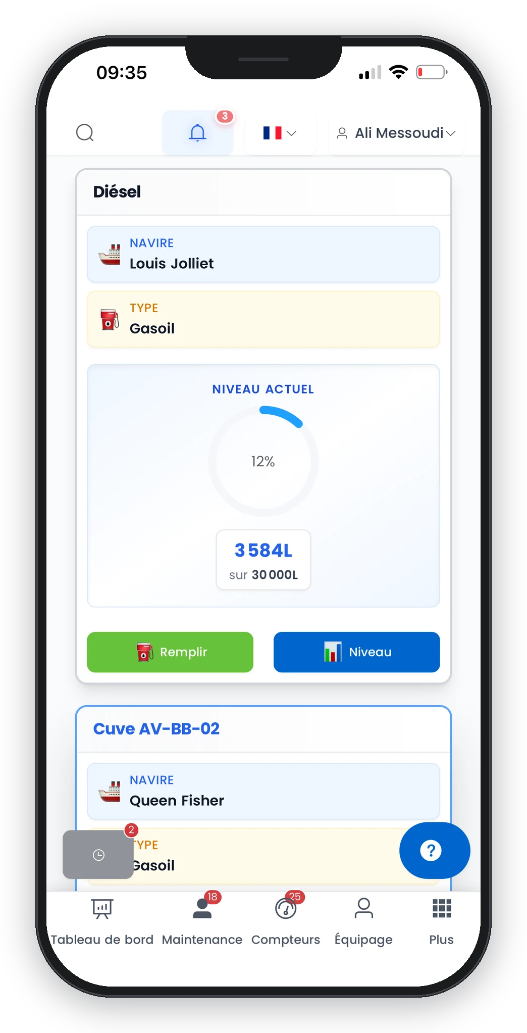Application mobile Smart Sailors : niveau de réservoir gasoil en temps réel avec boutons Remplir et Niveau