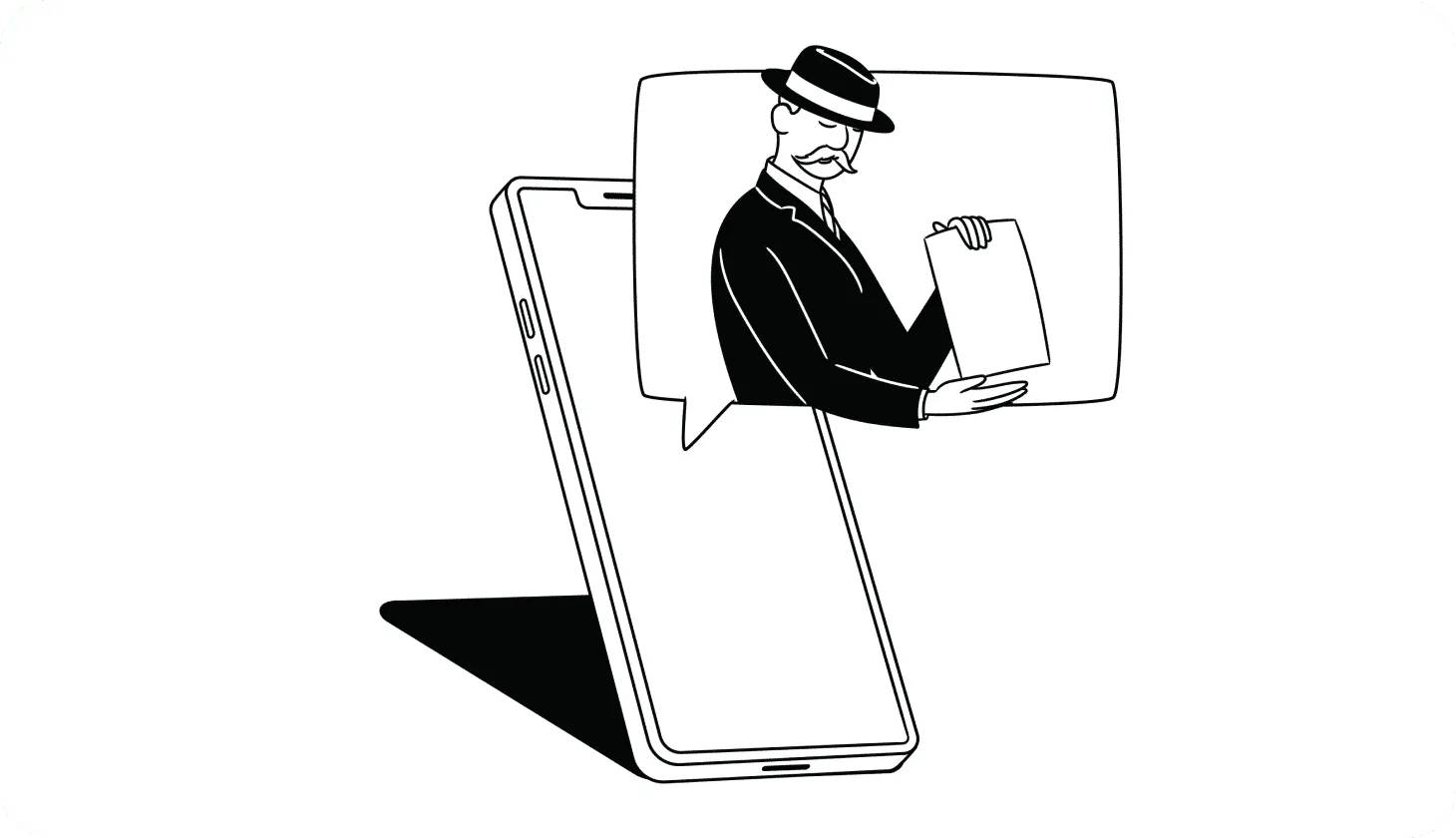 Illustration of a scammer inside of a text message bubble on a smartphone 