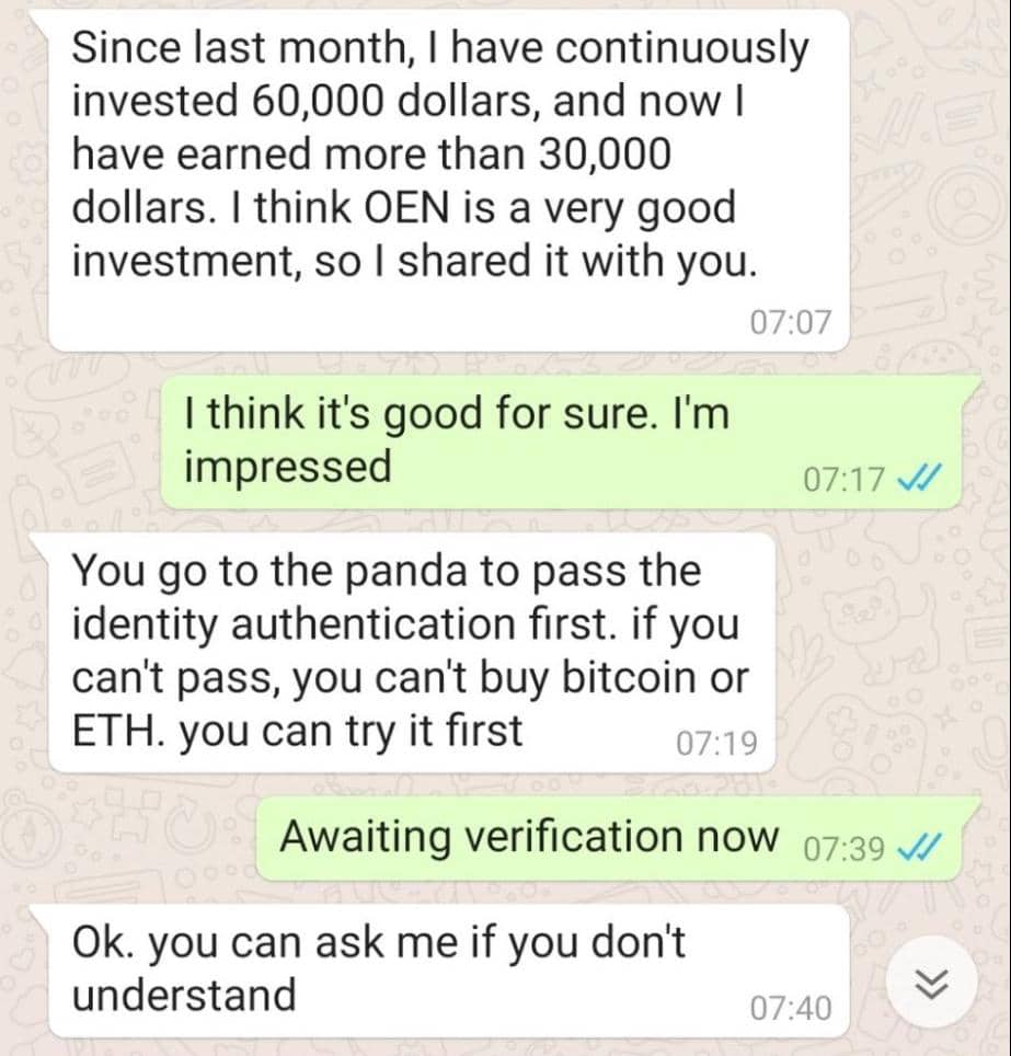 Example of a crypto investment scam on WhatsApp. Source: The Standard