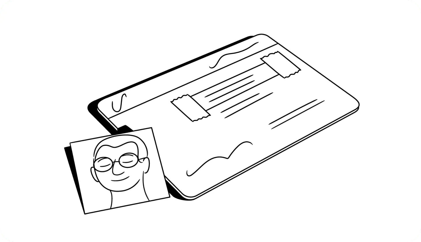Illustration of a passport photo next to a piece of ID with tape covering the sensitive information.