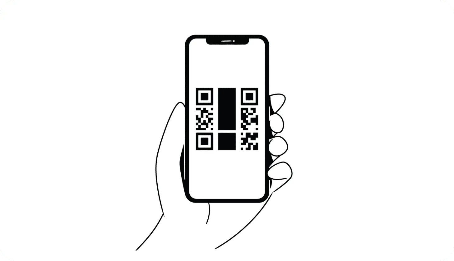 Illustration of a hand holding a phone with a fake QR code