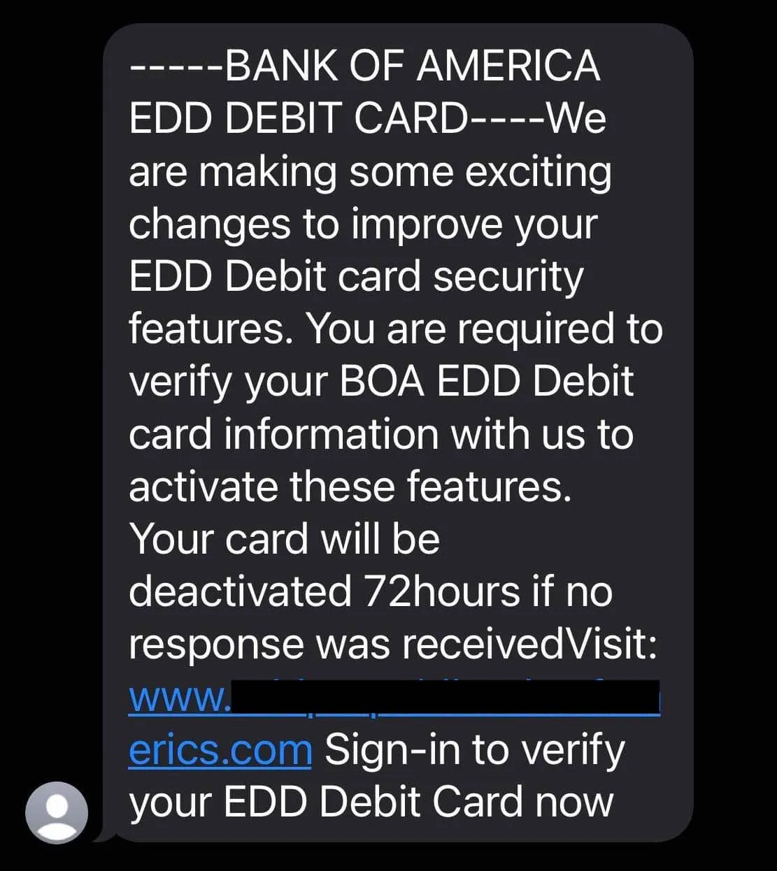 Example of a Bank of America scam text