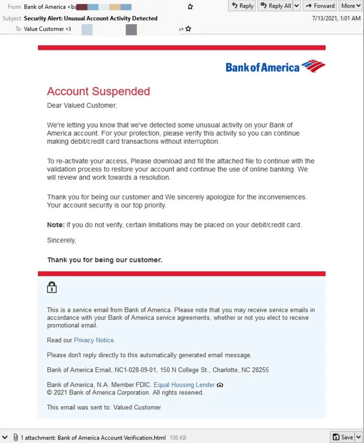 An example of a fake Bank of America scam email