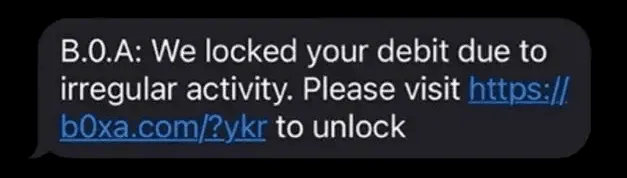 Example of a Bank of America scam text message