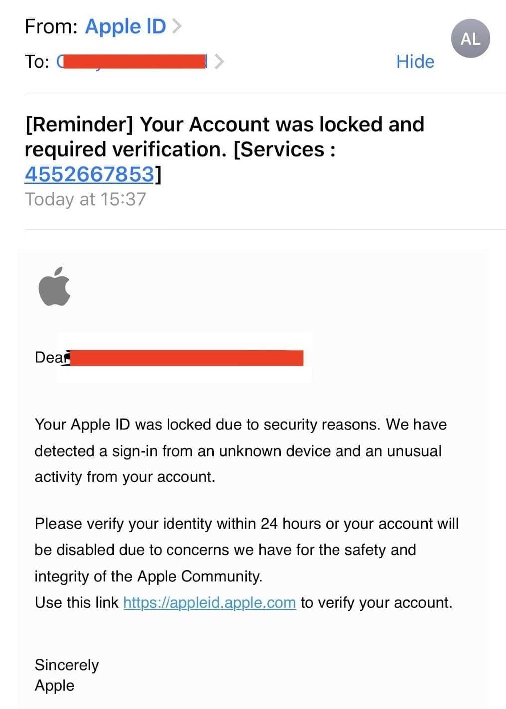 Example of an Apple phishing email. 