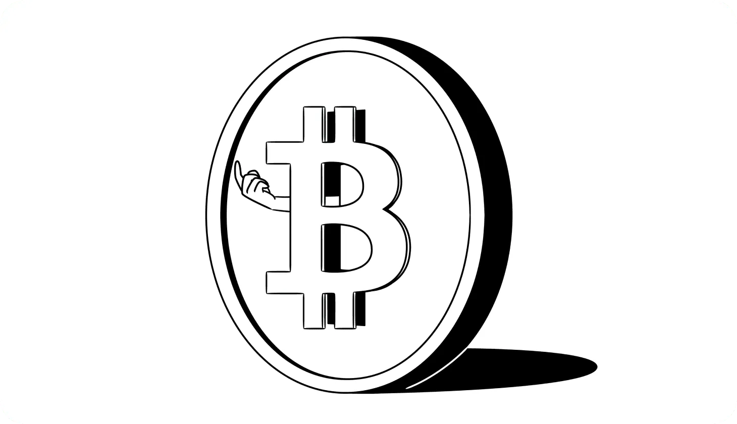 Illustration of the Bitcoin logo on an upright coin where an arm is emerging from the side of the coin