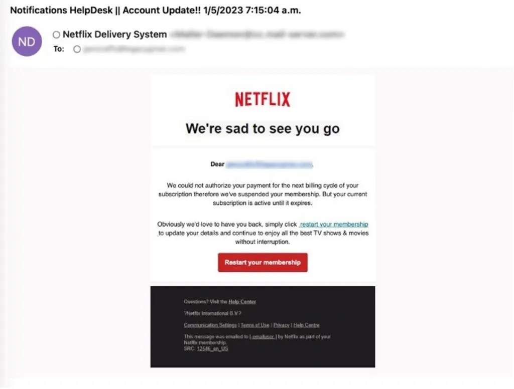 Screenshot of a Netflix subscription renewal phishing email
