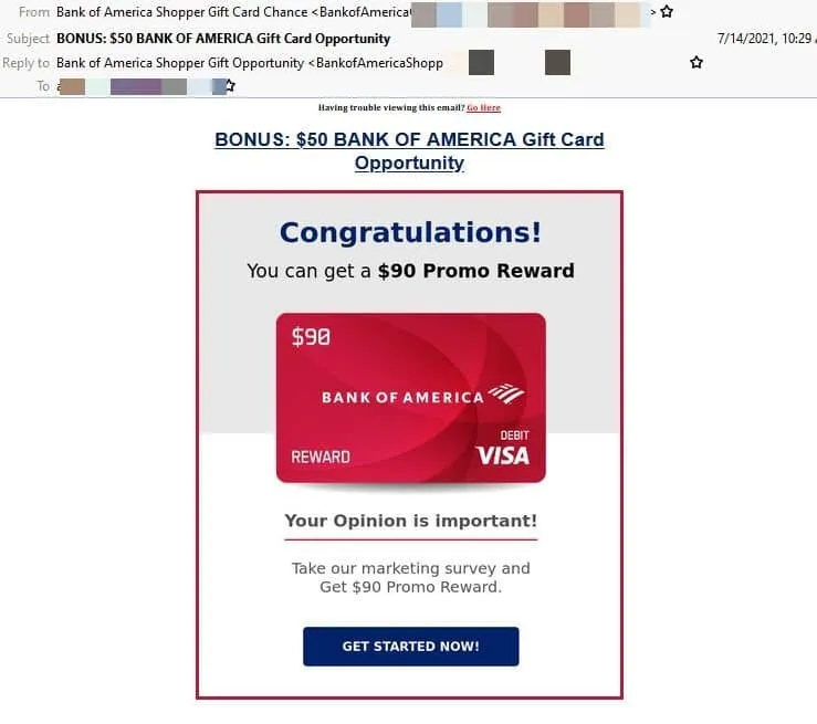 Example of a Bank of America phishing email sent to hundreds of thousands of targets. Source: Bitdefender