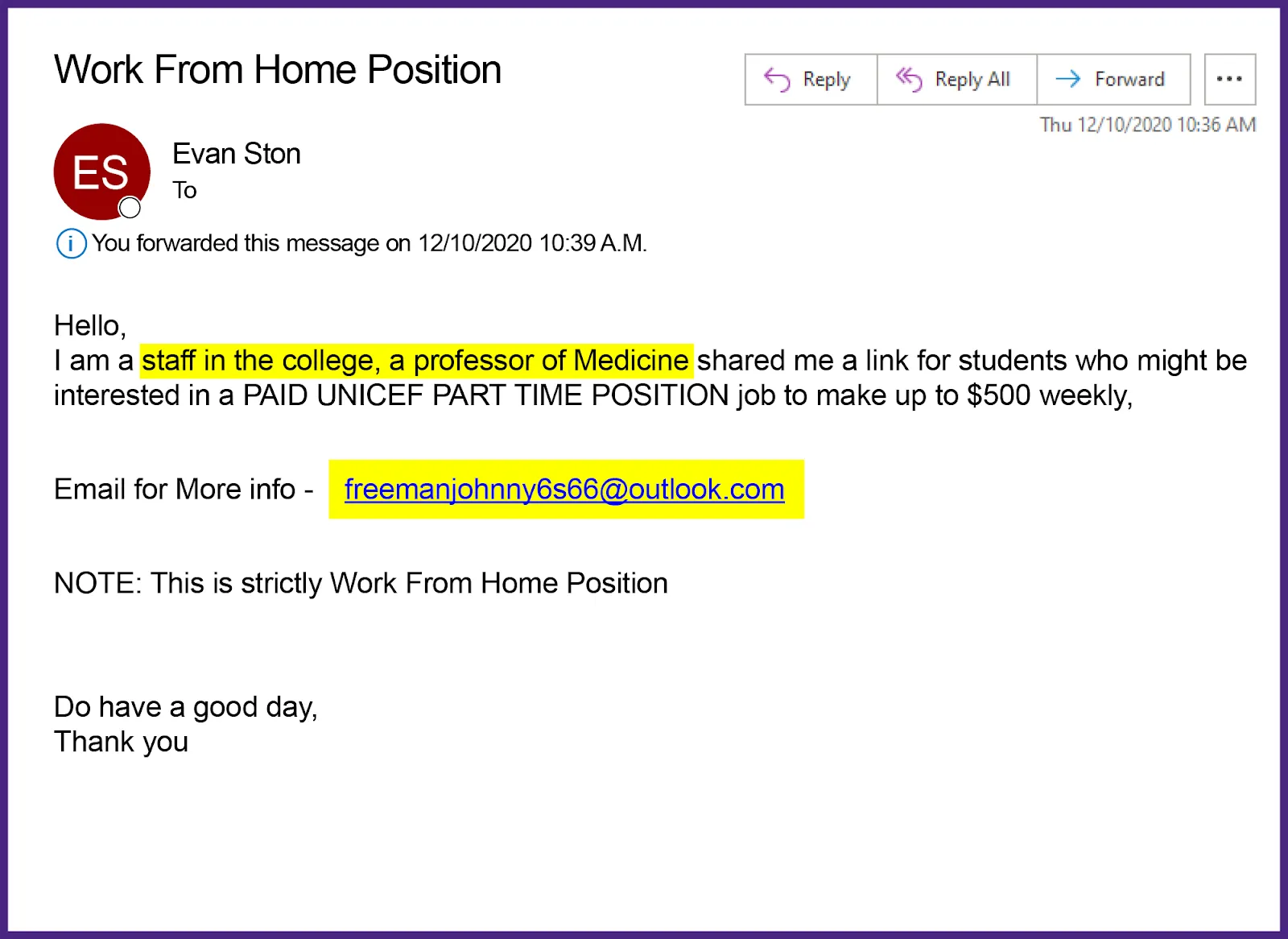 Example of a fake work-from-home job email. Source: Northwestern University