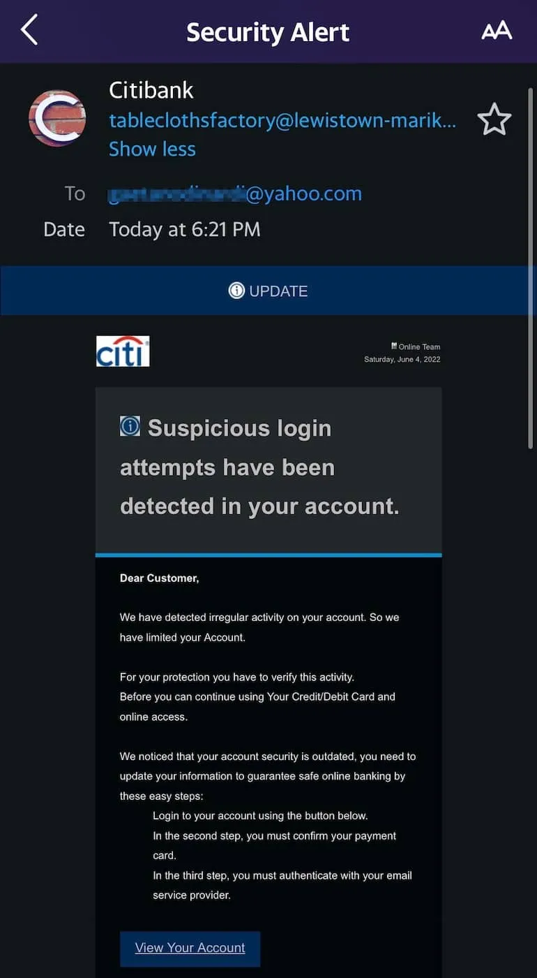 Example of a Citibank phishing email