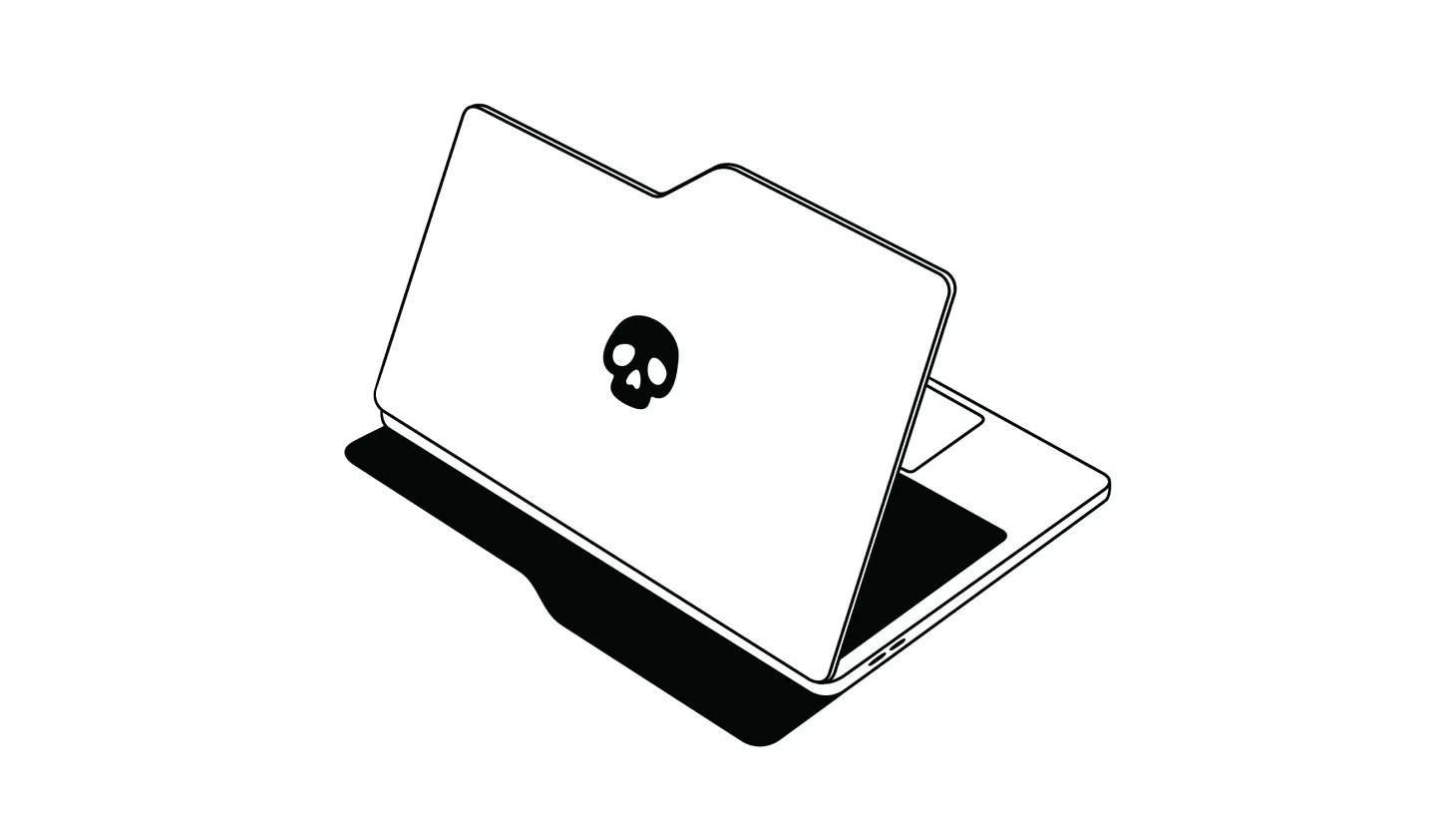 An illustration of a laptop in the shape of a folder with the image of a skull on its top, symbolizing a computer virus