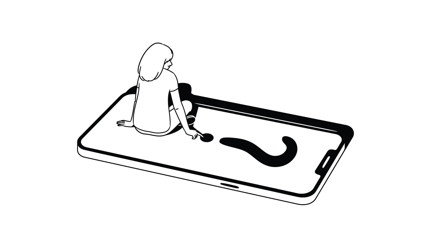 Illustration of a child sitting on top of a life-size smartphone, looking sideways at a question mark on the screen