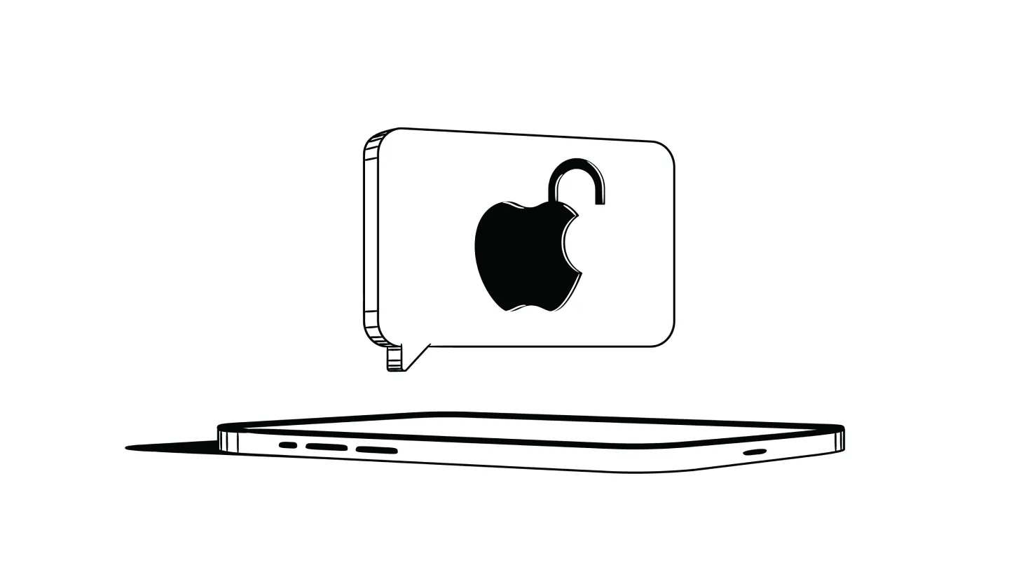 Illustration of a text bubble above an iPhone with an Apple logo merged with a lock symbol inside