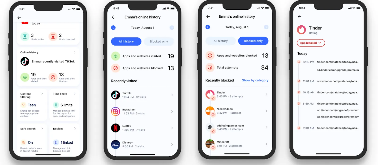 Four screenshots of new parental controls History features in the Aura product.