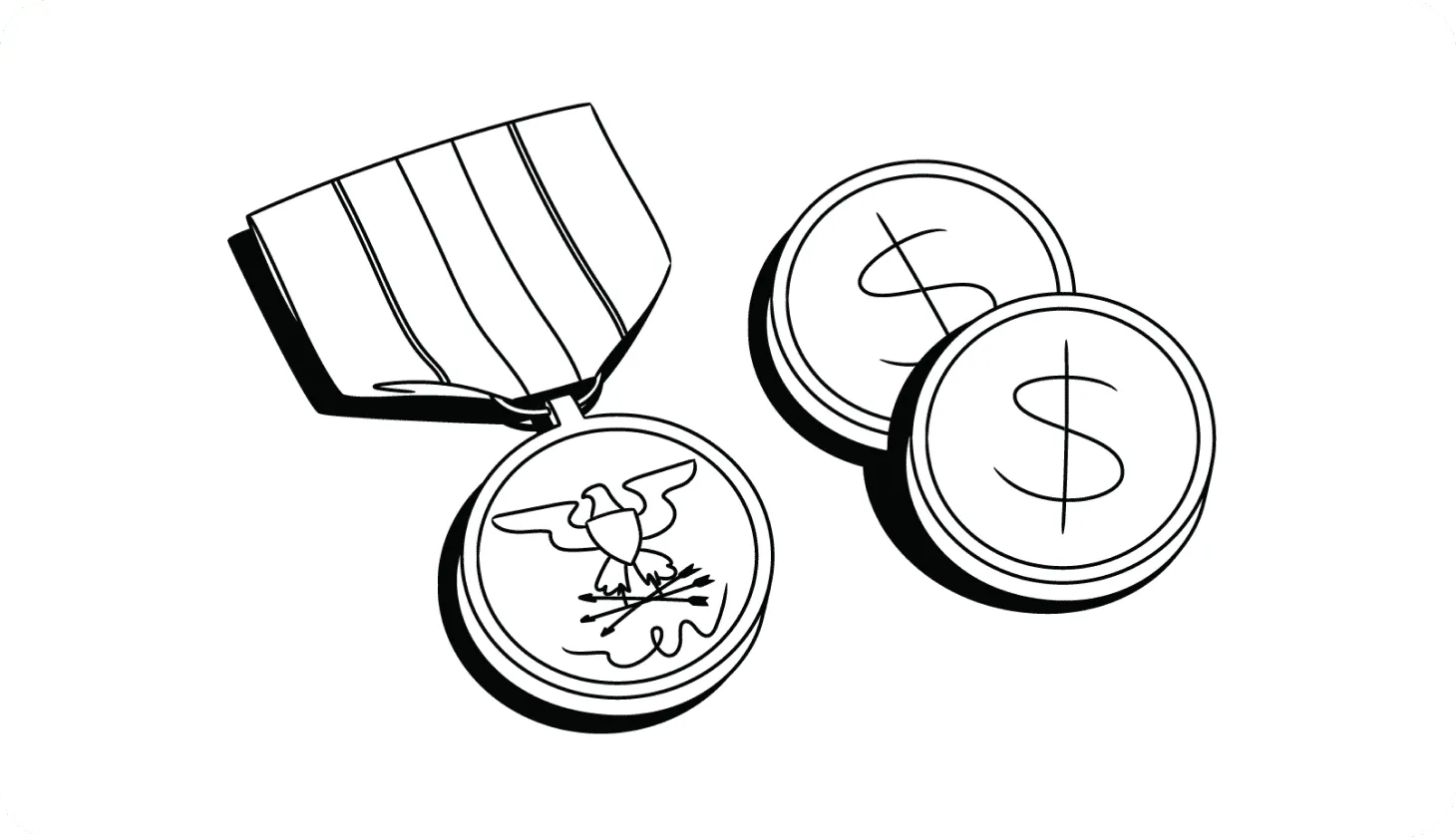 Illustration of a military medal next to a pair of coins