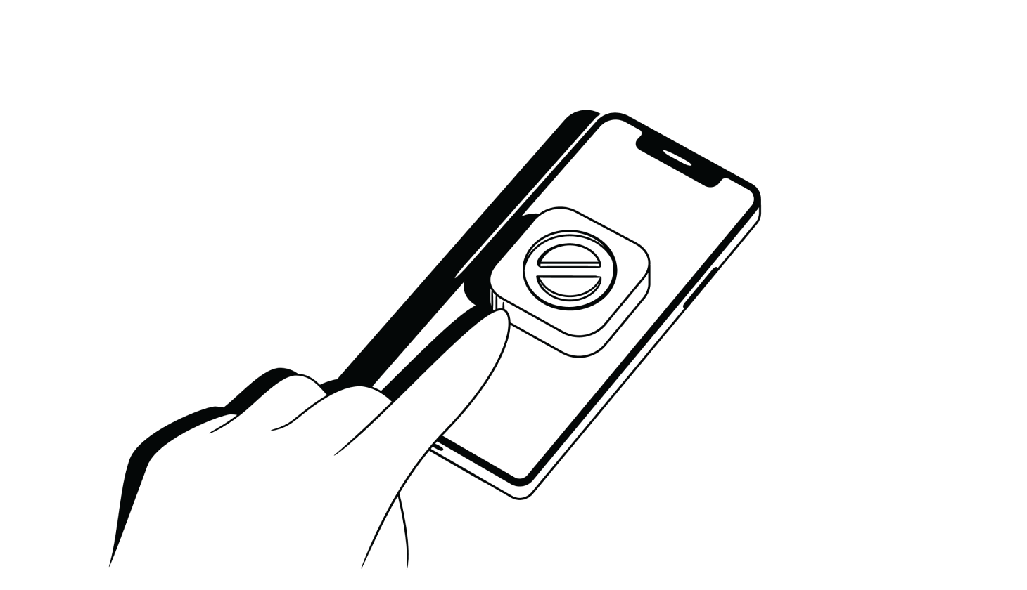 Illustration of a finger pressing a block button on an iPhone app