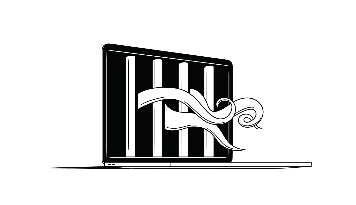 Illustration of a laptop with bars over the screen and tentacles reaching out as if there is a virus being contained inside.