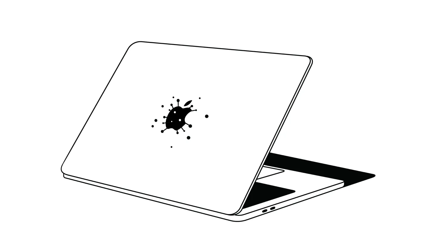 Illustration of a Macbook with a virus symbol over the Apple logo to symbolize a Mac virus