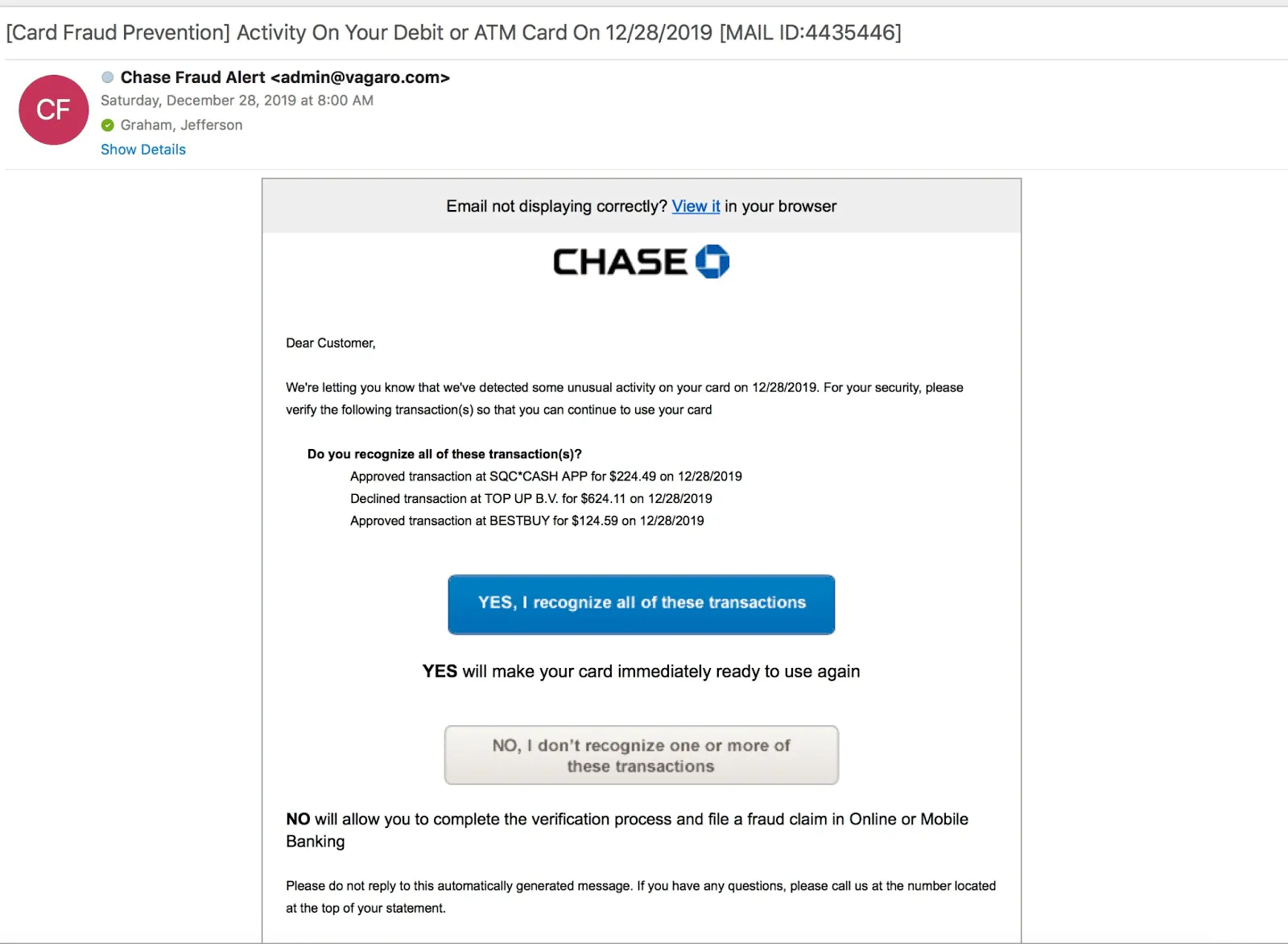 A scam email claiming to be fraud protection from Chase bank