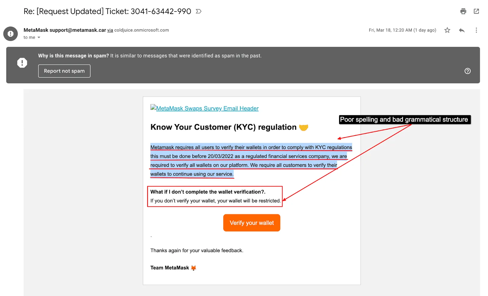 An example of a phishing email with poor grammar highlighted to see the difference