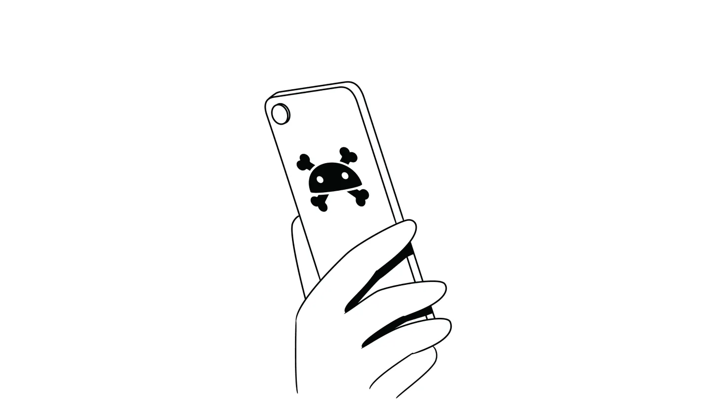 Illustration of a smartphone with a skull and bones symbol on the back using the Android logo