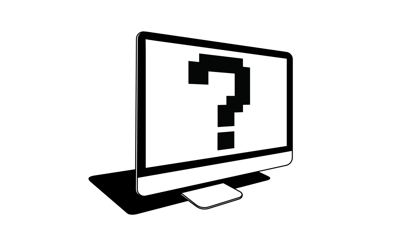 A computer monitor with a pixelated question mark on the screen