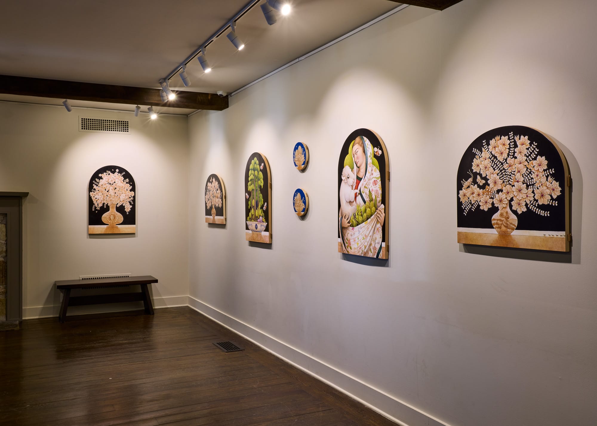 (Left to right) E.E. Kono, American Cherubim Amenia (2025), 36 in x 24 in. Jewel-weeds (2025), 24 in x 27 in. Momento (2025), 36 in x 24 in. Other Name (2025), 9.5 in x 9.5 in. Under Wing (2025), 9.5 in x 9.5 in. Mori (2025), 36 in x 24 in.Burnished (2025)