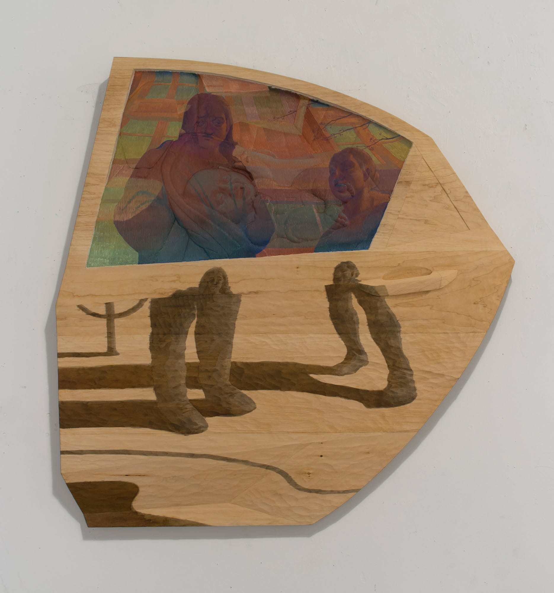 Aaron Feltman, Baby in a Hot Car (2024). Egg tempera on hand-carved and ebonized basswood, 41 in x 40 in x 2 in.