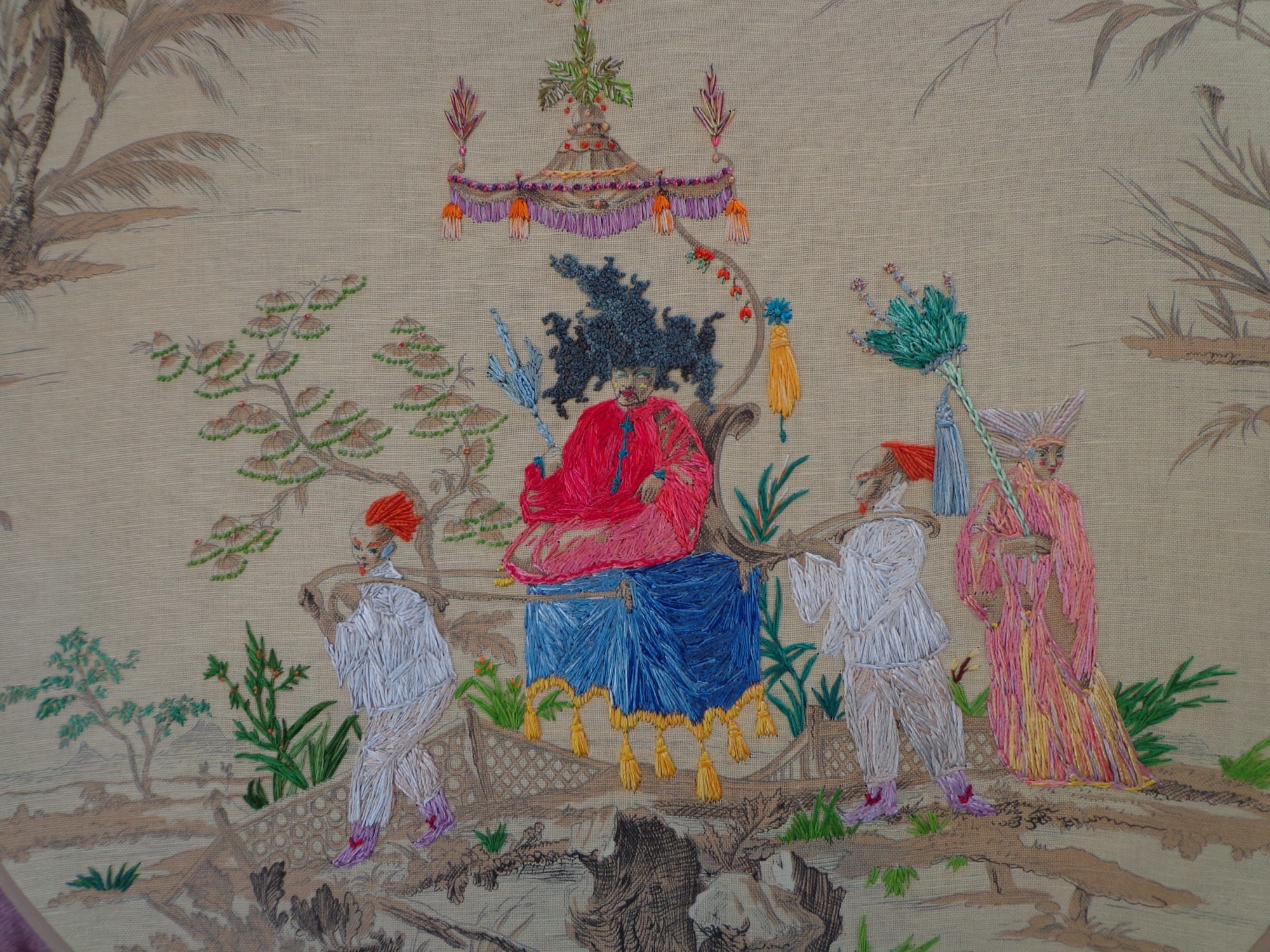 Him Again, 2015. Cotton and rayon floss on linen, 33 in x 39 in.