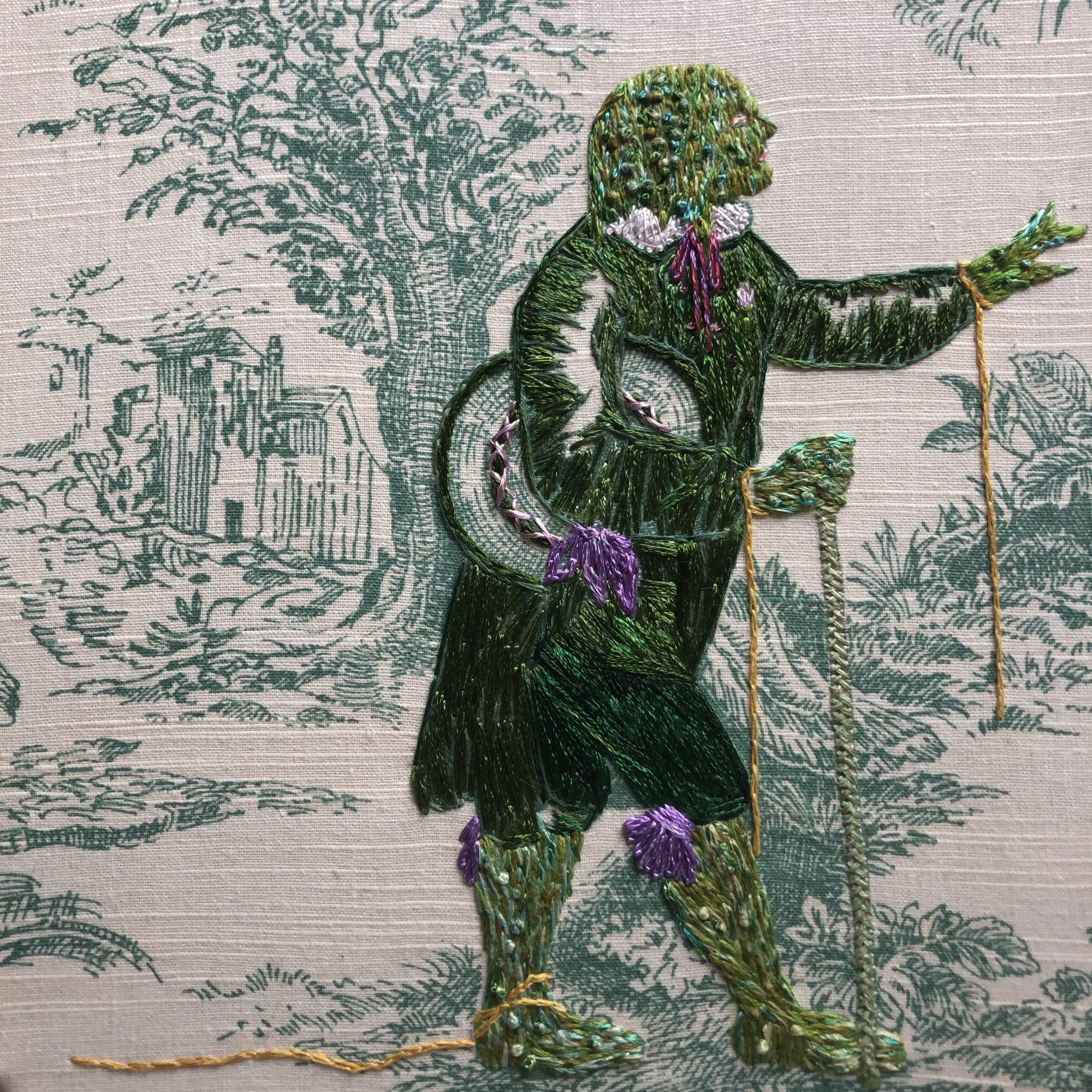 NEVER GOING BACK AGAIN, 2023. Rayon embroidery on linen toile, 18 in x 22 in.