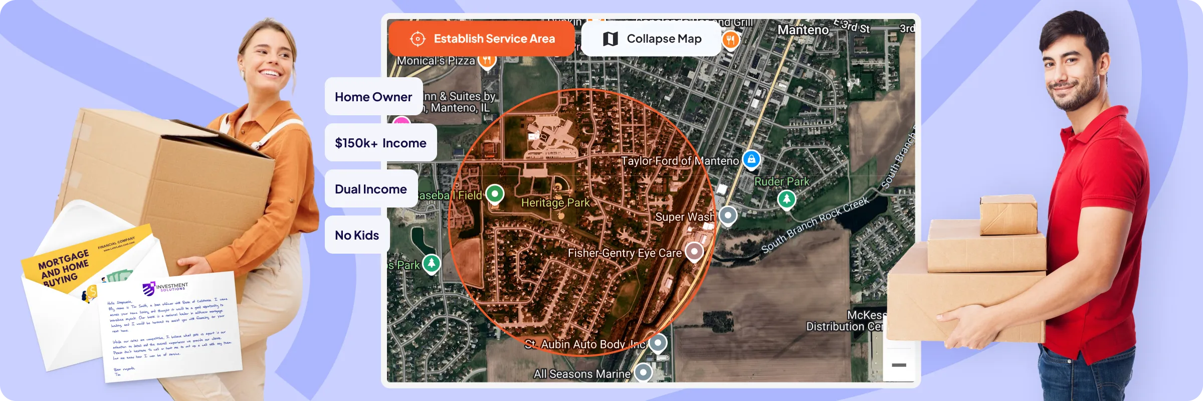  The image visually explains the concept of Mover Automation. On the left, there’s a panel showcasing filters and options, such as "Mover Type," "Property Type," "Lookback Period," "Sending Options," and "Delivery Option," with sliders and radio buttons for customization. The center features a map with a highlighted circular service area overlay, marked with icons indicating targeted locations. To the right, a smiling couple holds a large cardboard box, symbolizing moving into a new home. Below them, an open envelope reveals a sample "Welcome to the Neighborhood" postcard.