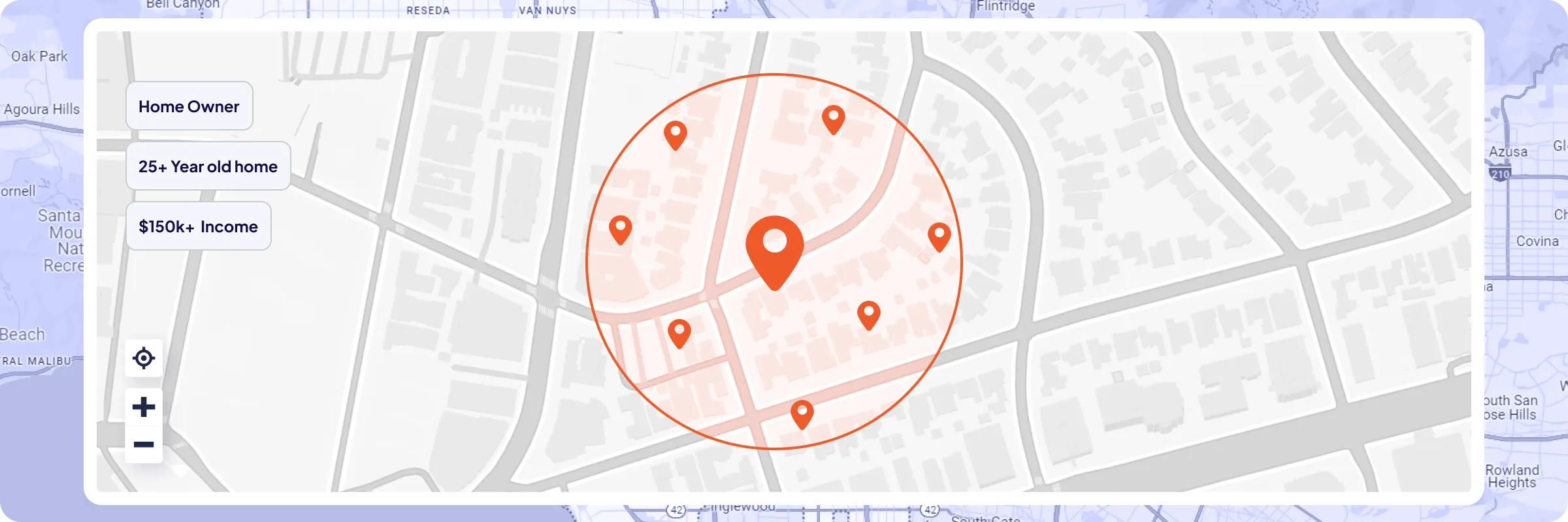 An image showcasing the Radius Mail tool for localized marketing. The center features a map of Los Angeles with a red circular radius overlay, indicating targeted areas. To the right, filter options include "Owner Type," "Property Type," and "Household Income," with a slider for income range selection. Below the filters, a "Service Area" table lists addresses, recipient counts, price per card, and total costs. A bright orange "Checkout" button is prominent, emphasizing ease of use for finalizing campaigns. The visual highlights the precision and customization of the Radius Mail feature.