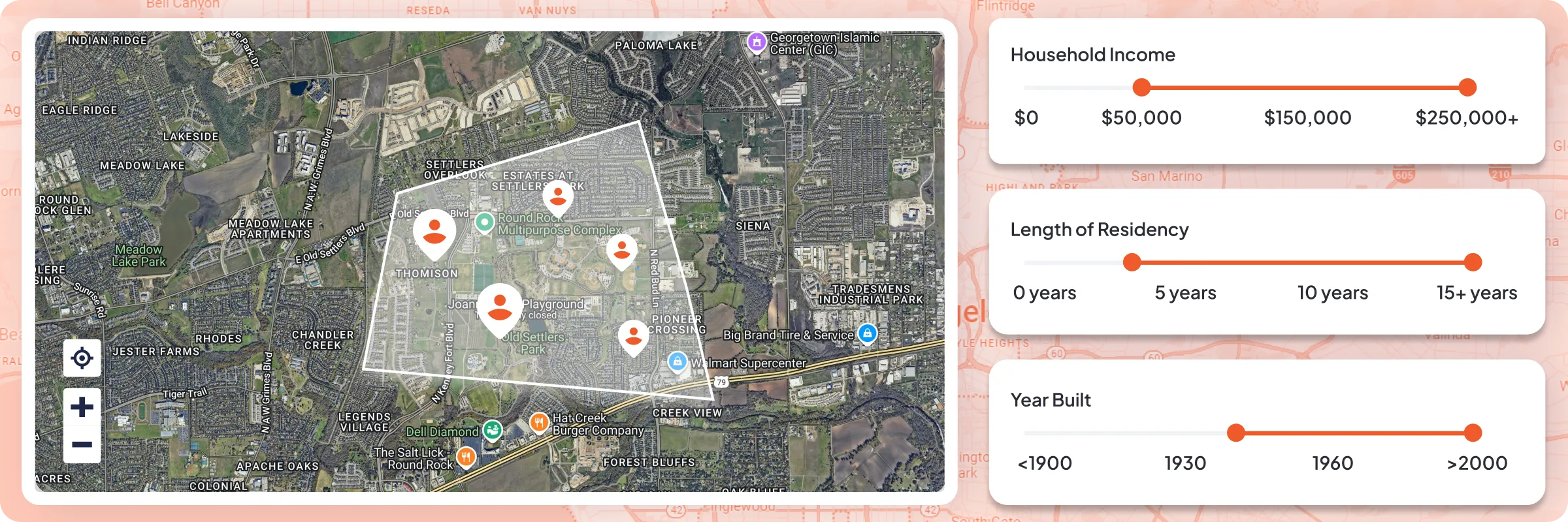 An image displaying a map with a selected area highlighted, marked by location pins. On the right side, there are slider controls labeled "Household Income," "Length of Residency," and "Year Built."
