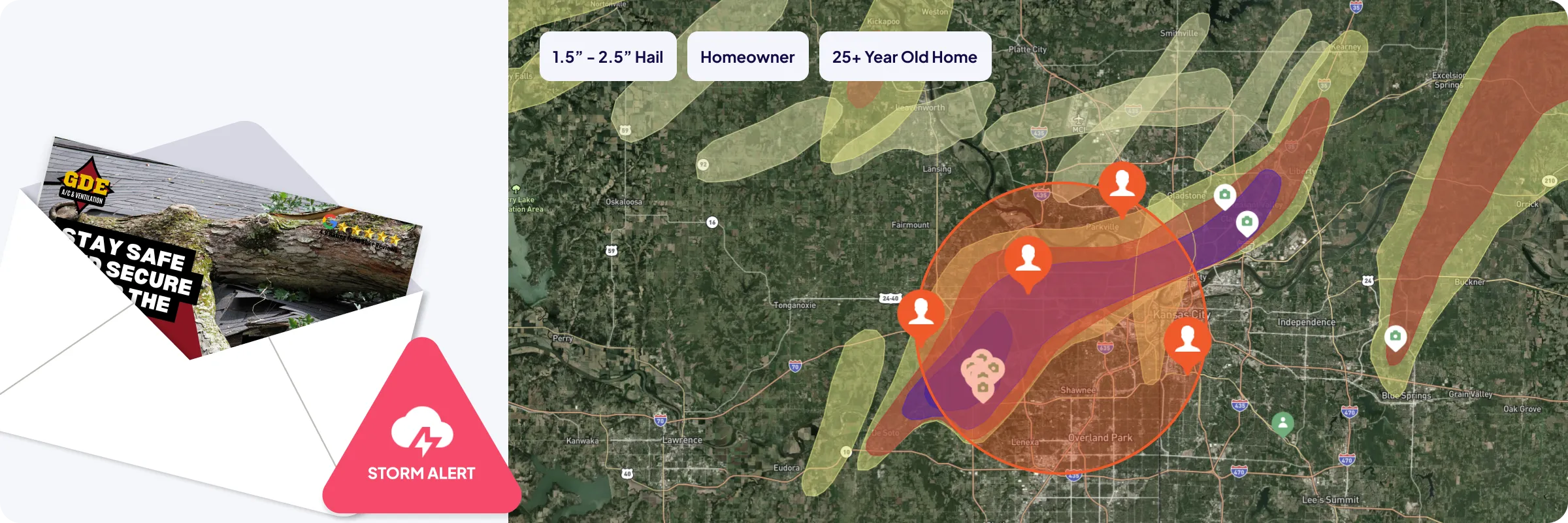The image illustrates the concept of "Storm Response Automation." It features a map with highlighted storm-affected areas using various colored overlays to represent storm intensity. Red circles indicate targeted locations, marked with user icons. A panel labeled "Sending Options" allows users to select the number of cards sent per storm, ranging from 2,500 to 30,000, with date range selectors for campaign start and end dates. An envelope with a "Storm Alert" icon and an example of a safety-themed mailer is shown in the foreground, emphasizing the customization and precision targeting of mail campaigns during severe weather events.