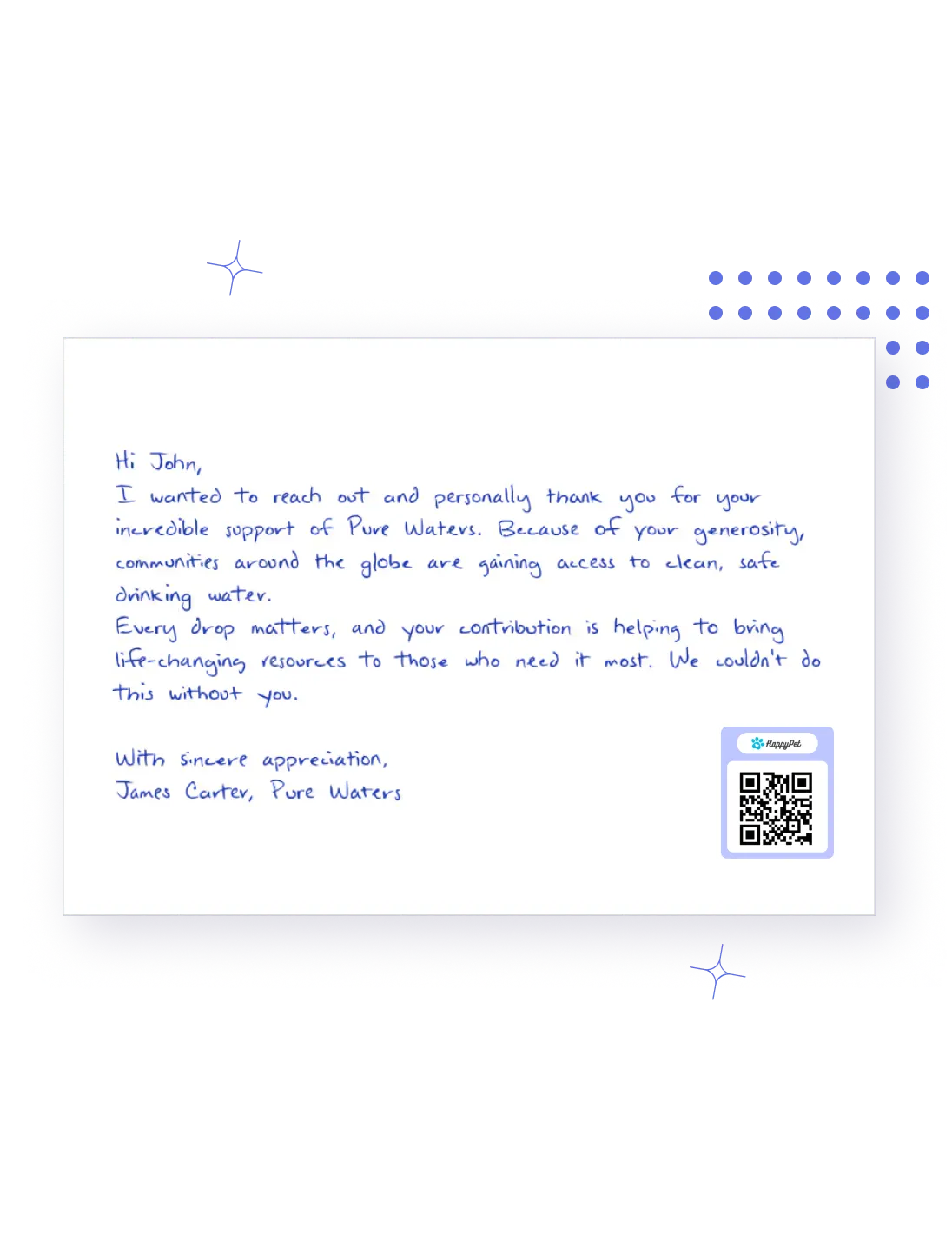 The image illustrates LettrLabs' QR Code Generator, showcasing its ability to create personalized QR codes for each recipient. A custom QR code labeled "HappyPet" is prominently displayed, emphasizing its use in connecting recipients to websites, product pages, or special offers. Beside it, a handwritten postcard highlights how QR codes can seamlessly integrate with direct mail for interactive engagement. The accompanying benefits stress interactive engagement, encouraging scans, and precise tracking to provide insights into recipient actions. The layout highlights how QR codes simplify engagement and enhance the impact of personalized mailers.