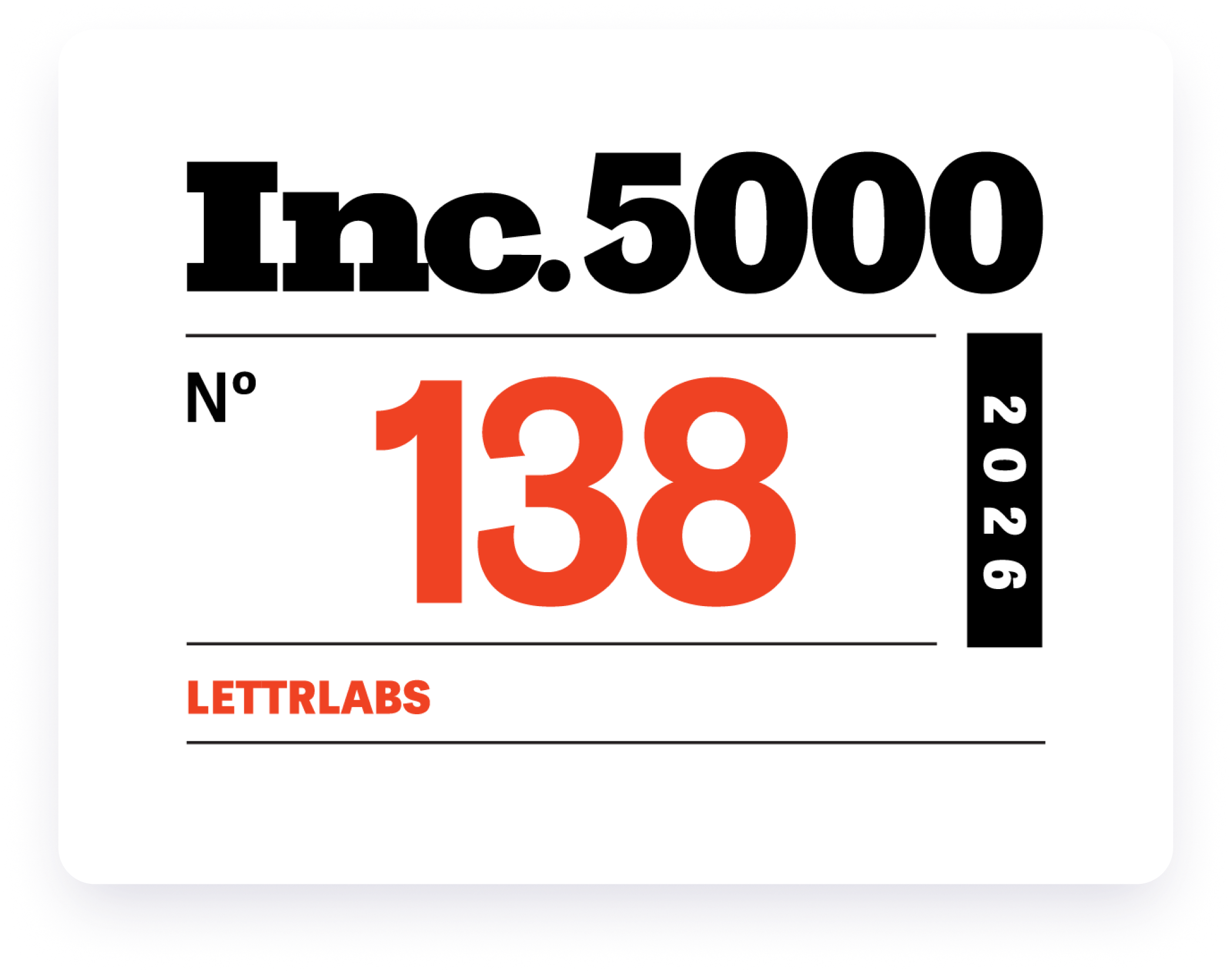 Inc. 5000 badge, No. 138 — 2,236% three-year growth, recognized among America's fastest growing private companies